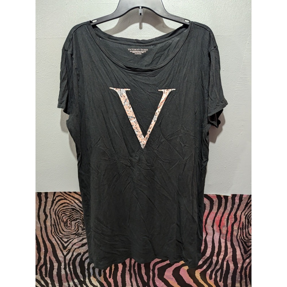 Victorias Secret L short sleeve nightgown black flower V